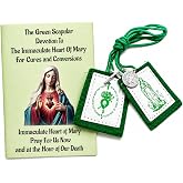 Green Scapular Devotional Set Catholic Wool Necklace and Story Card Folder | Immaculate Heart of Mary Cross Medal Cloth Panels and Prayer Card