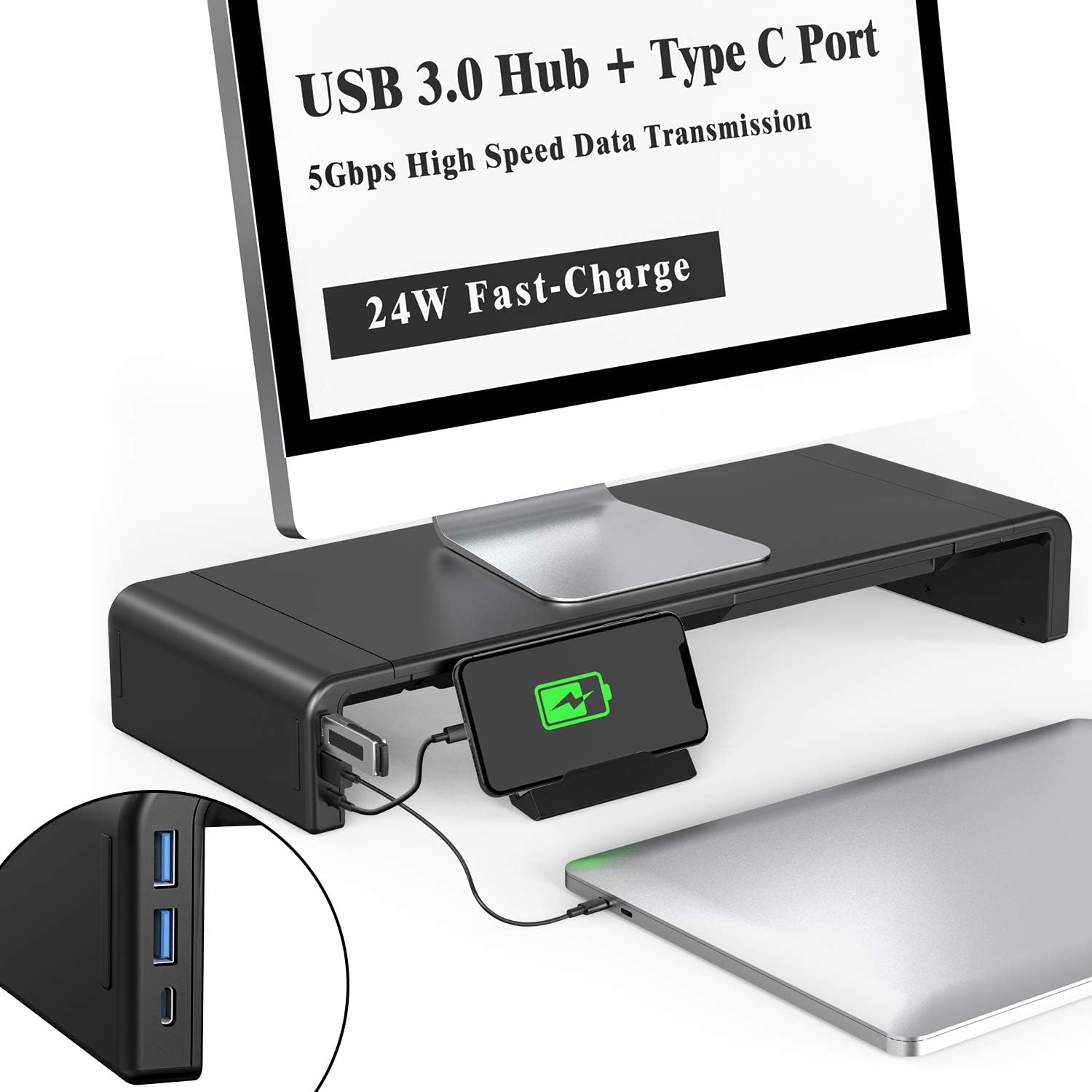 Foldable Monitor Stand, USB 3.0 & Type-C Port Monitor Stand Riser Support Transfer Data and 24W Fast Charge, Keyboard and Mouse Storage Desk Organizer up to 25KG for Laptop/Computer/MacBook/PC