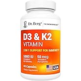 Dr. Berg Maximum Strength 2-in-1 Vitamin D3 K2 5000 IU | Naturally Derived D3 | 4X Lab-Tested & Verified | High Absorption Formula | K2 D3 Vitamin Supplement - 60 Capsules