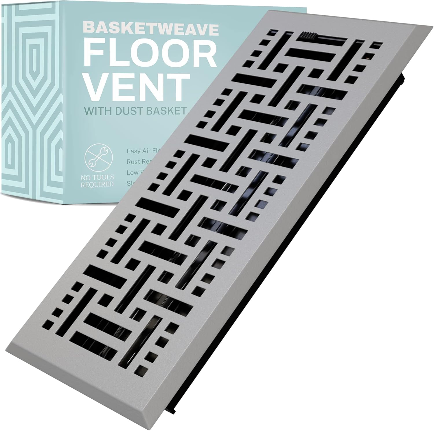 Registers, Grilles & Vents - Home Intuition Basketweave 4x12 Inch Decorative Floor Register Vent with Mesh Cover Trap, Light Grey