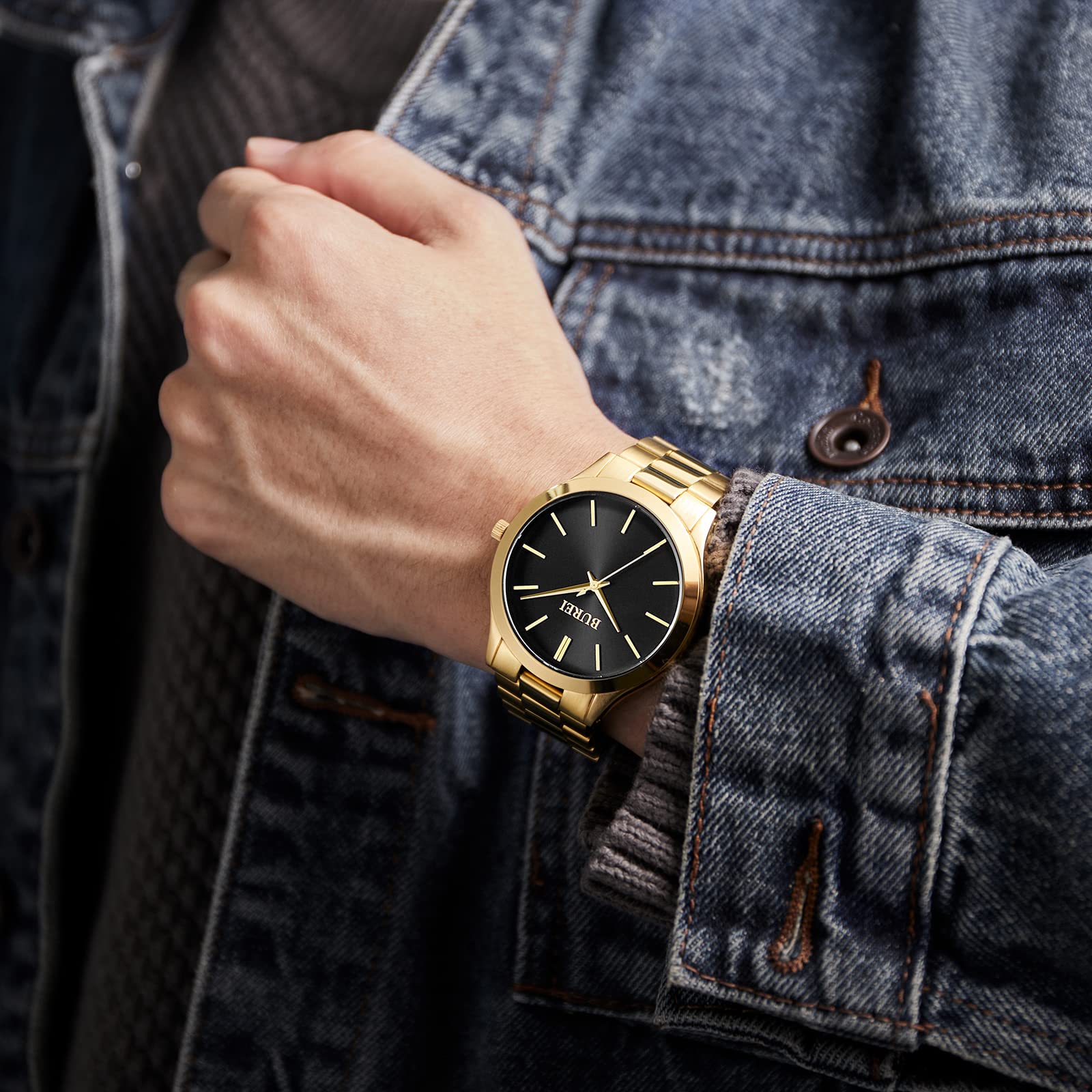 BUREI Men's Quartz Waterproof Analog Wrist Watch Men Watch, gold, Bracelet Type