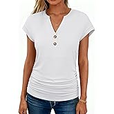 ANRABESS Womens Cap Sleeve Henley Shirts V Neck Ruched Side Top 2026 Summer Dressy Work Blouse Business Casual Outfits