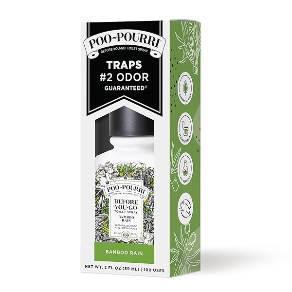 POO-POURRI BEFORE-YOU-GO TOILET SPRAY, BAMBOO RAIN, 2 FL OZ, UP TO 100 USES, BATHROOM ODOR DEODORIZER WITH ESSENTIAL OILS FOR HOME OR WORK, TRAVEL ESSENTIALS, TSA APPROVED SIZE, BAMBOO & FRESH GRASS