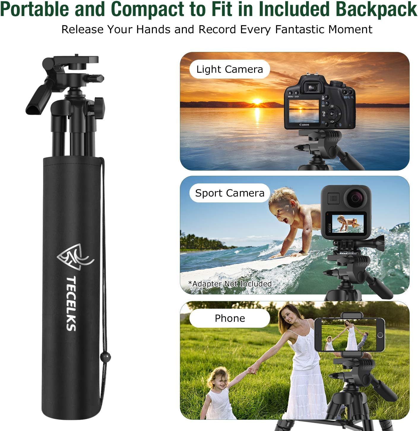 Cell Phone Tripod 55", Lightweight Aluminum Travel/Camera Tripod Stand with Wireless Remote, Carry Bag for TIK Tok/Photography/Live Stream/YouTube Video, Compatible with iOS and Android : Camera & Photo