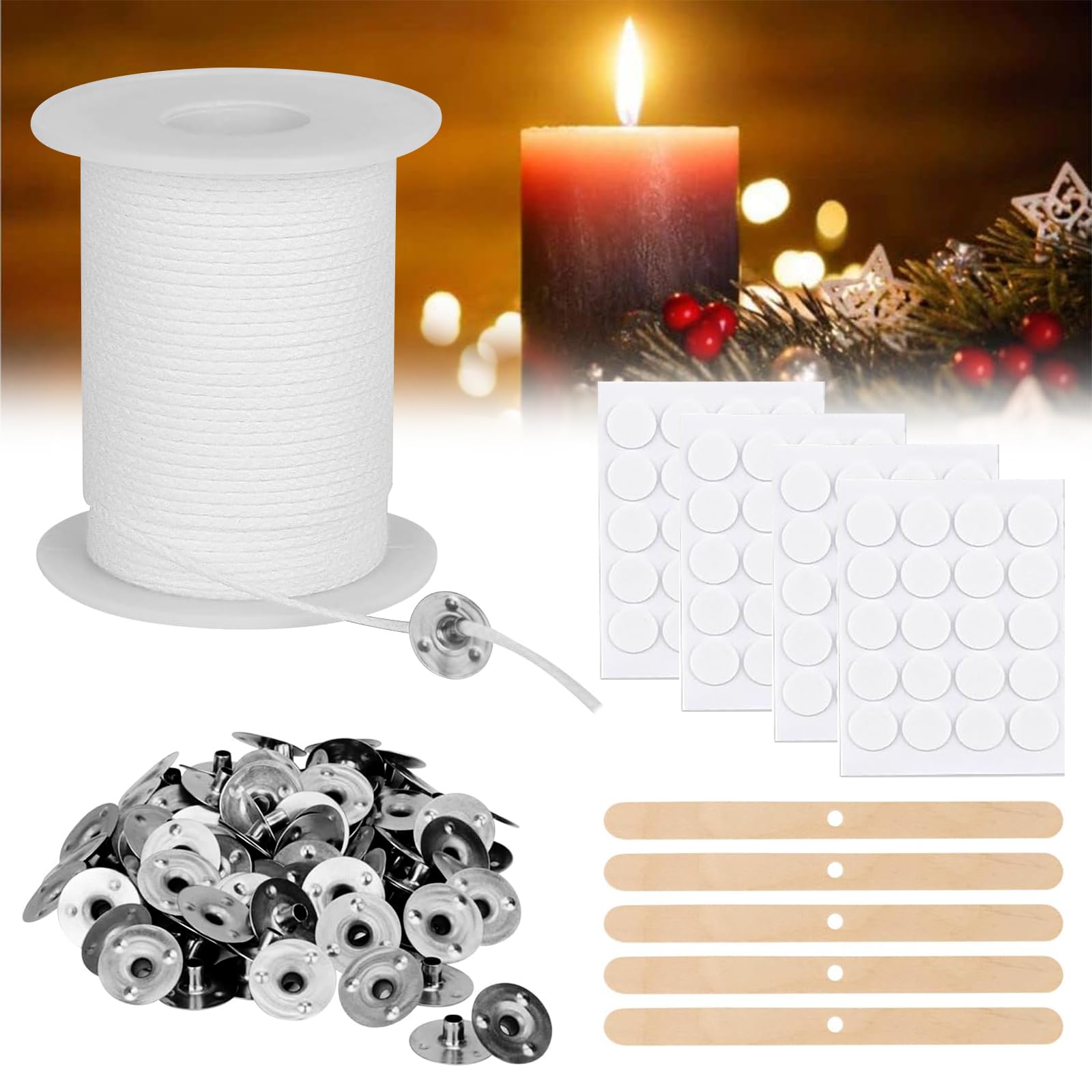 Sheryl&Rain 1 Roll Cotton Candle Wicks 6100cm with 150 Pcs Wick Holders & Wick Stickers, Braided Smokeless Soy Wax Candle Wicks for Making Candles and Oil Lamps, DIY Handmade Candle Making Supplies