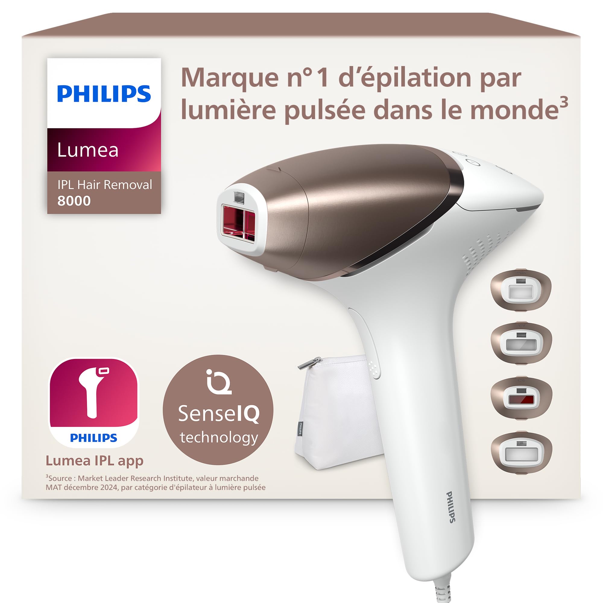 Philips Lumea série 8000, Épilateur à lumière pulsée, alternative à l'épilation laser, technologie SenseIQ, 4 accessoires pour le corps, le visage, le maillot et les aisselles, modèle BRI948/00