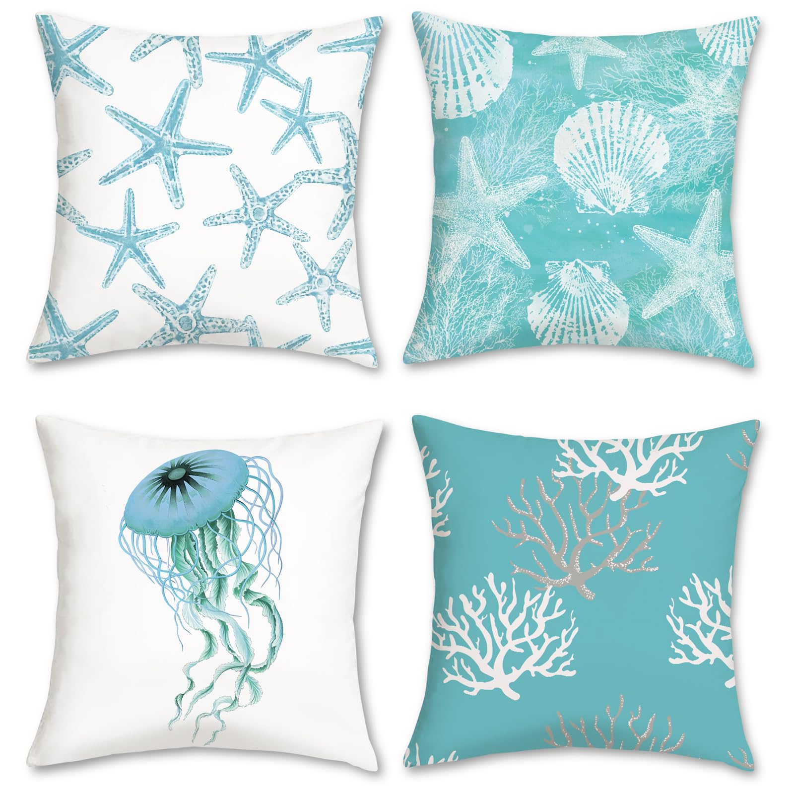Bonhause Ocean Starfish Cushion Covers 45 x 45 cm Seashell Coral Double Sided Coastal Blue Throw Pillow Covers Soft Velvet Pillowcases for Sofa Couch Bed Indoor Outdoor Decor Set of 4