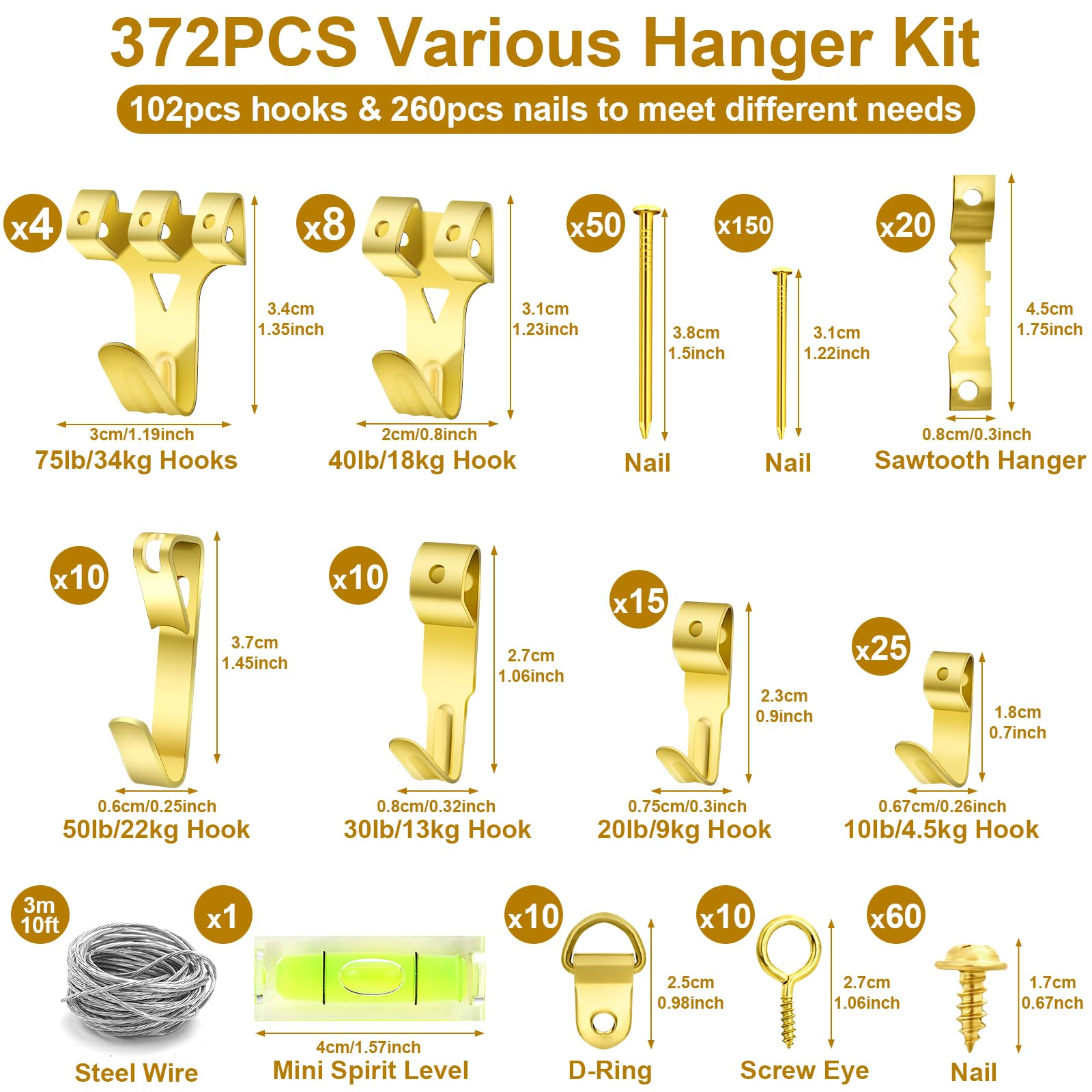 MAPVOLUT 372 PCS Picture Hanging Kit, Christmas Decorations Indoor Outside Picture Hangers, Heavy Duty Picture Frame Mirror Wall Hanging Hardware Hooks Kit with Nails Sawtooth for Hanging Picture