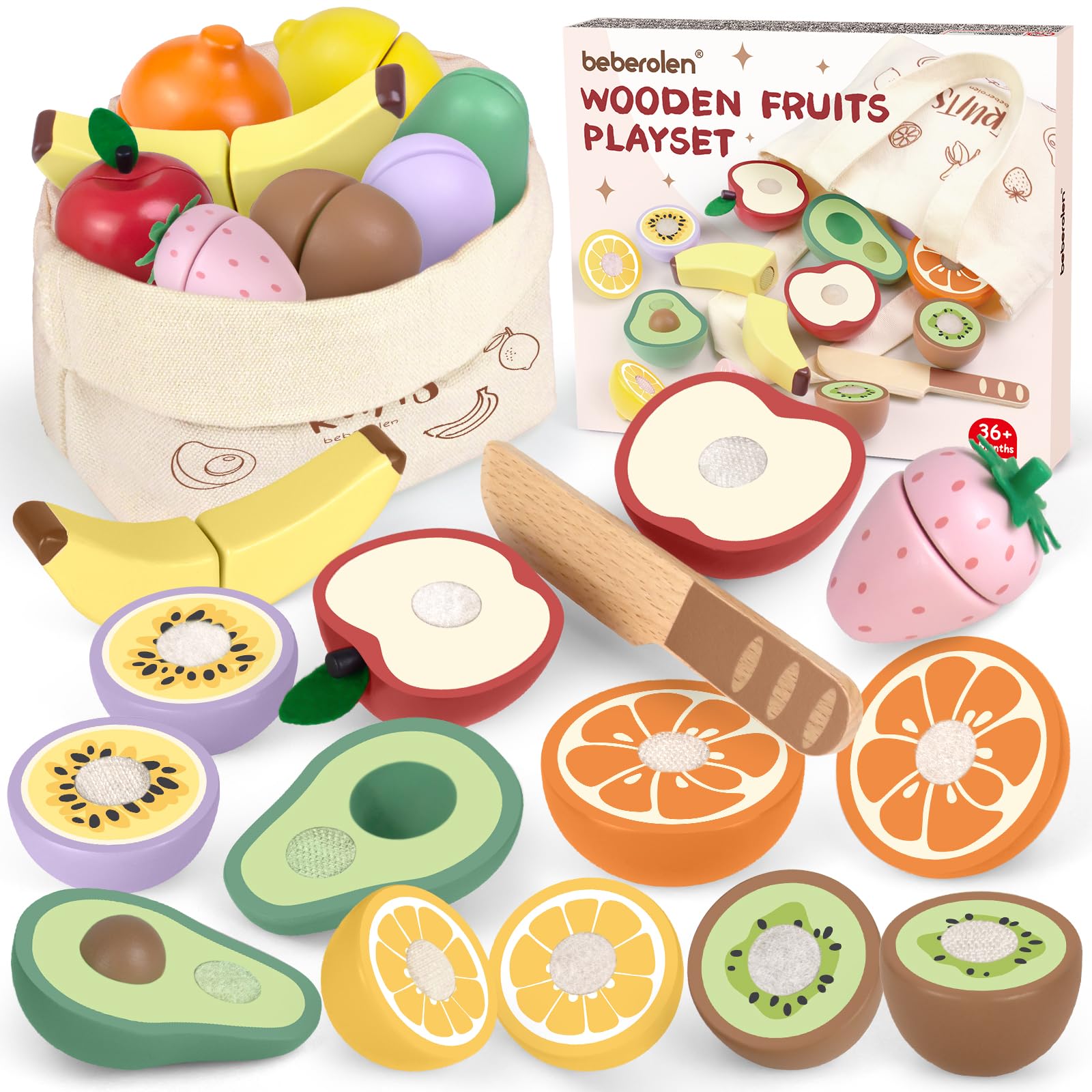 Beberolen Wooden Play Food Set for Children Kitchen Cutting Fruits and Veg Fake Food Toys for Toddlers Pretend Role Play Kitchen Accessories Educational Learning Gifts for Kids Boys and Girls