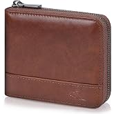 Swallowmall Mens Wallet Zipper Genuine Leather Bifold Wallet RFID Blocking | Zip Wallets for Men with 2 ID Windows 9 Card Slots 2 Cash Pockets Gift for Him Coffee Brown