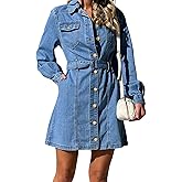 utcoco Womens Denim Dress 2025 Casual Long Sleeve Button Down Distressed Belted Jean Dress with Pockets