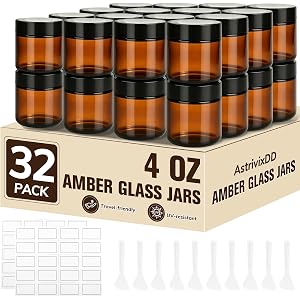 32 Pcs 4 oz Glass Jars with Lids,Amber,with 40 Labels & 10 Spatulas | Glass Jars,Inner Liners, LeakProof, UV-Protective,Round