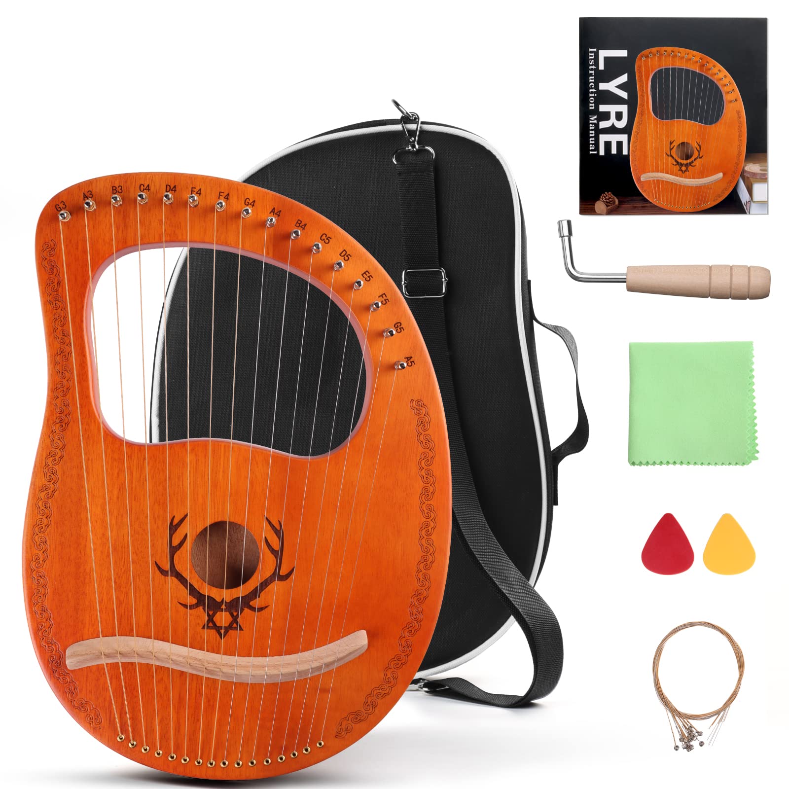 Lyre Harp, Mahogany Lyre Instrument with Tuning Wrench, Replace String Set, Manual Book (16 String Deer)