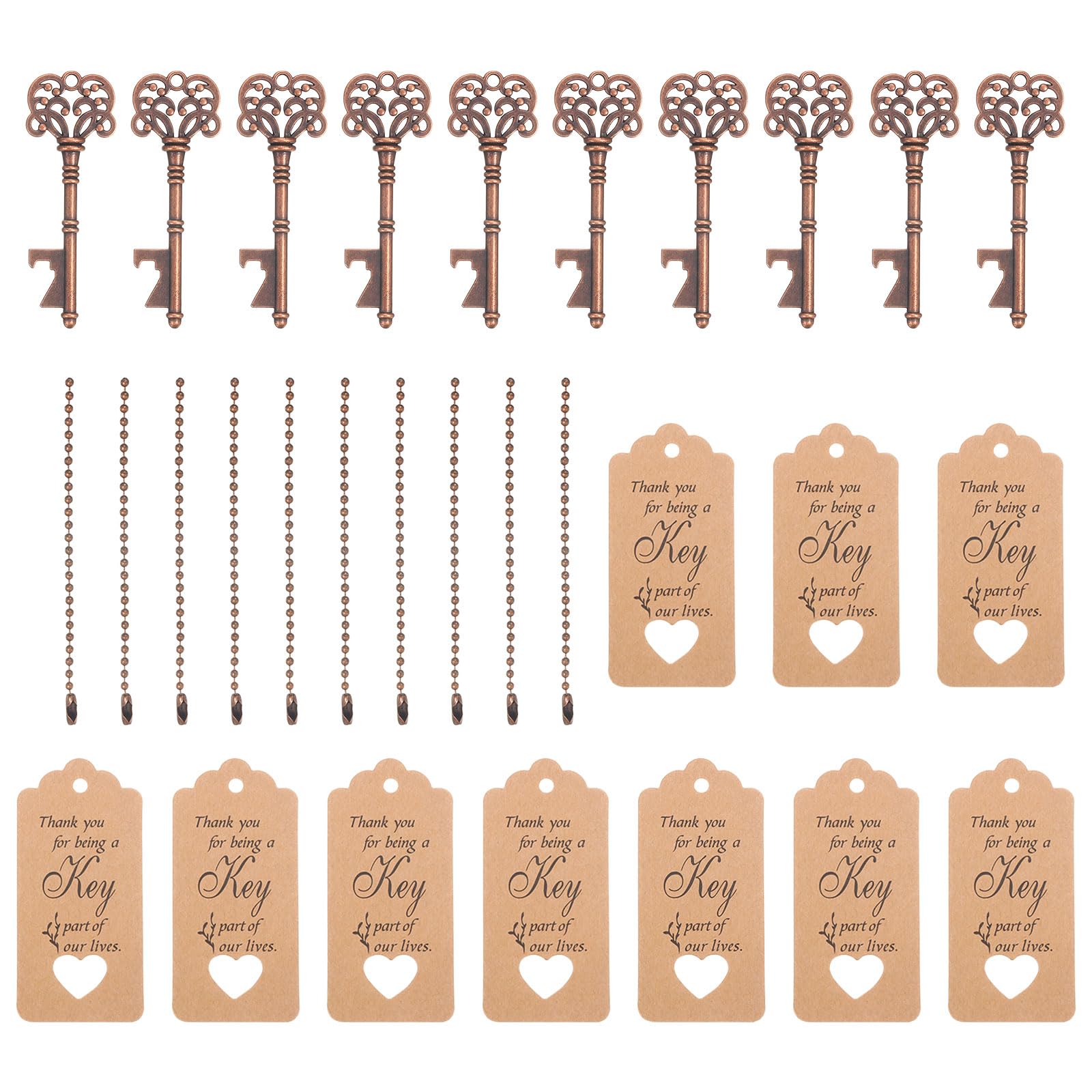 PATIKIL 10 Pcs Vintage Key Bottle Openers, 2.8 x 1.0 inch with Card Key Chains for Wedding Party Favors Rustic Decoration, Red Copper
