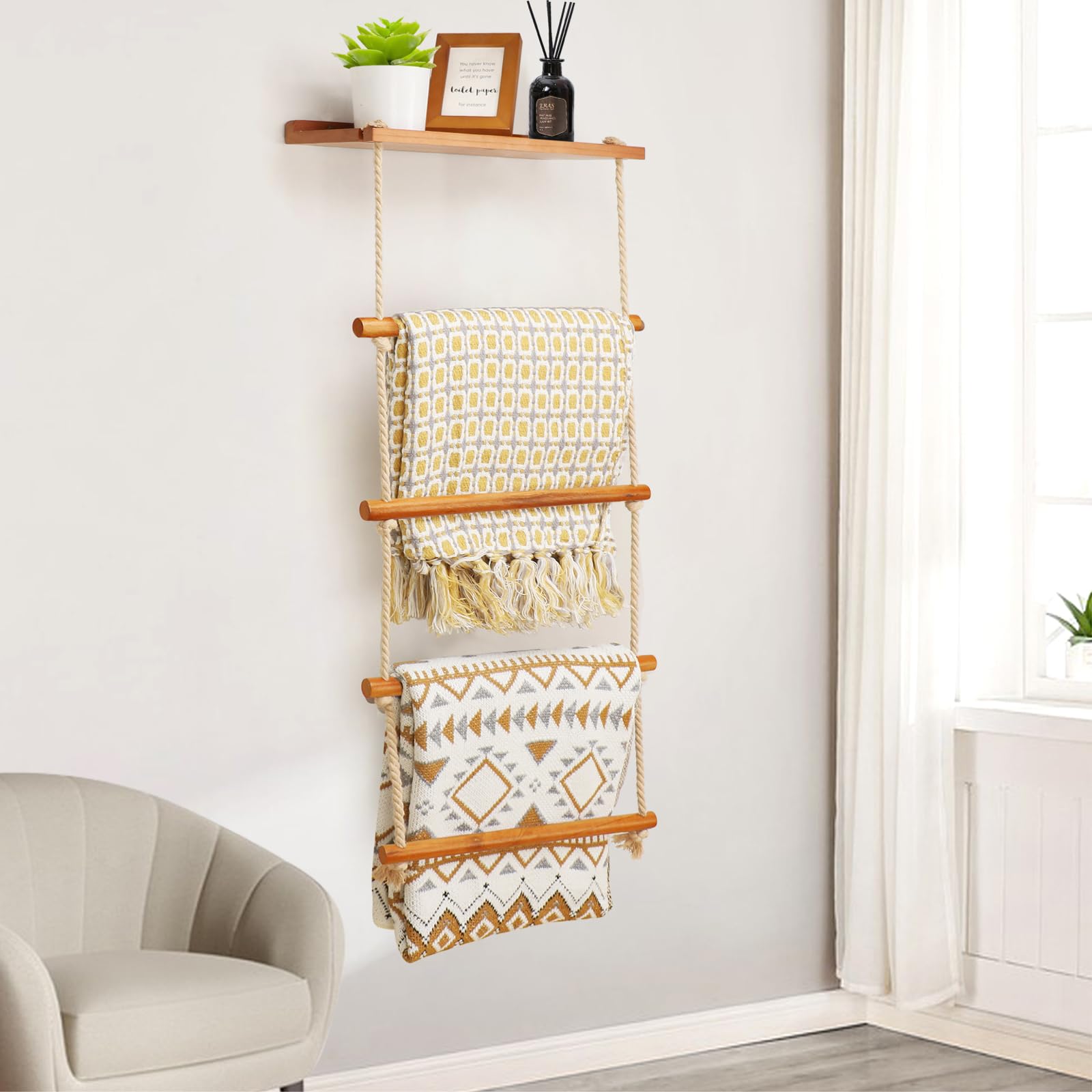 Photo 1 of Gomyrod 5-Layer Wooden Blanket Ladder, 2-in-1 Towel Racks Blanket Quilt Towel Holder, Storage Ladder Quilt Rack for Bedroom, Living Room, Bathroom