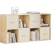EXPERLAM 8 Cube Storage Organizer - Solid Wood Bookshelf with 4 Storage Bins, Cube Shelf with 2 Removable Back Panels, Vertical or Horizontal Bookcase, Open Book Shelf for Bedroom, Living Room, Office
