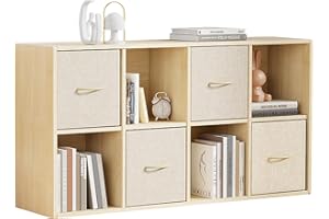 EXPERLAM 8 Cube Storage Organizer - Solid Wood Bookshelf with 4 Storage Bins, Cube Shelf with 2 Removable Back Panels, Vertical or Horizontal Bookcase, Open Book Shelf for Bedroom, Living Room, Office