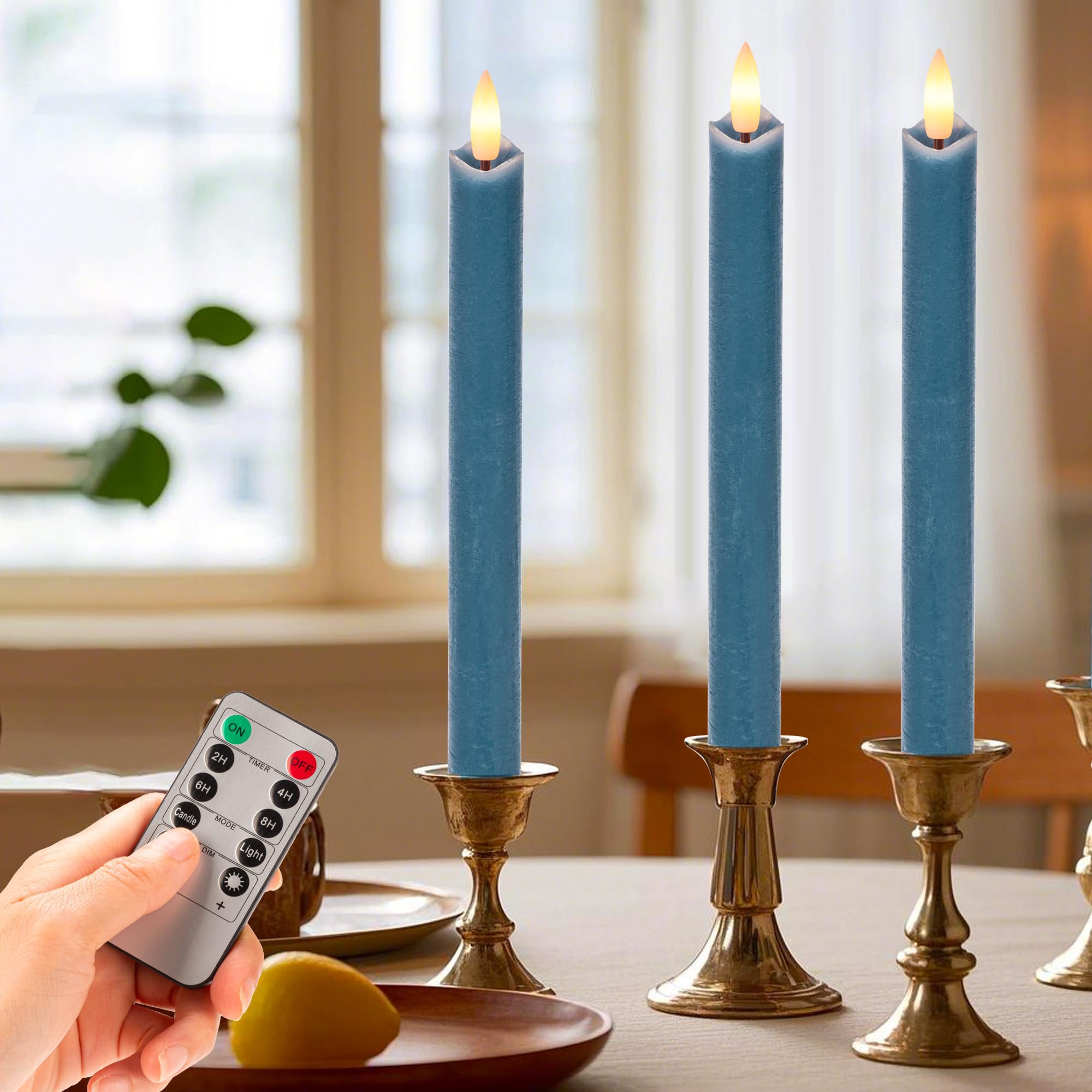 Photo 1 of SEHNSY Flameless Taper Candles with Remote, Real Wax Battery Operated LED Candles Set with 3D Flickering Flame, 9.6" Realistic Dripless Candlesticks for Wedding Home Decor, 3 Pack Blue