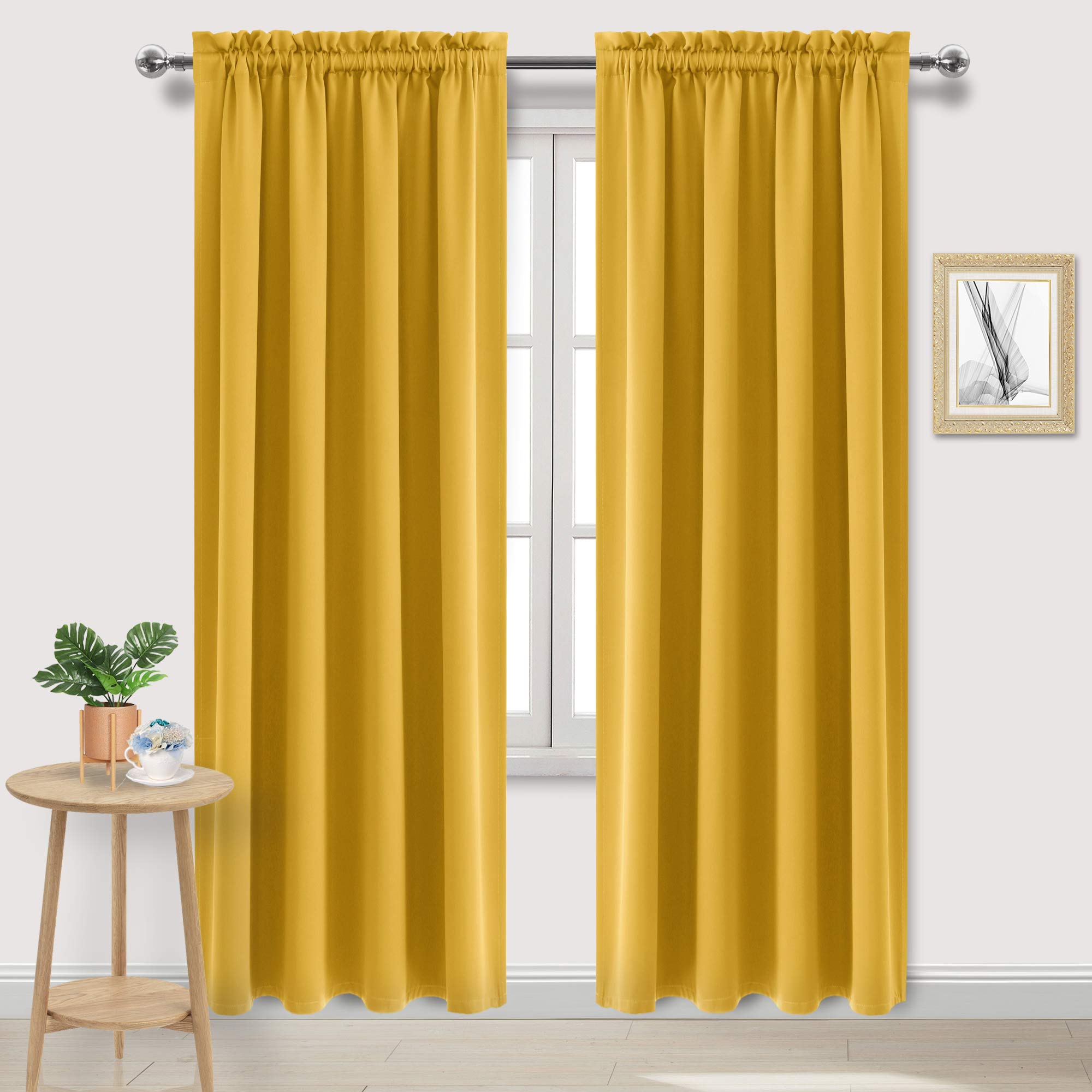 DWCN Blackout Curtains Room Darkening Thermal Insulated Bedroom Curtains Window Curtain Panels, 52 x 84 inches Long, Set of 2 Yellow Rod Pocket Drapes