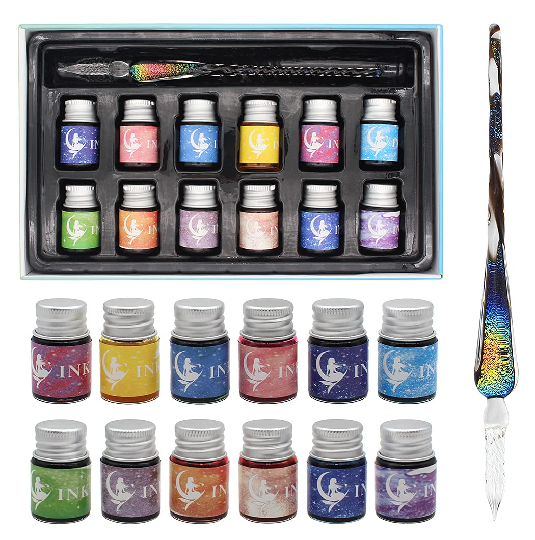 XIAOYU Mermaid Story Glass Pen, Mermaid Story Glass Dip Pen Ink Set, Mermaid Story Calligraphy Dip Pens, Starry Sky Crystal Calligraphy Pen and Ink Set with 12 Colorful Inks, Colorful