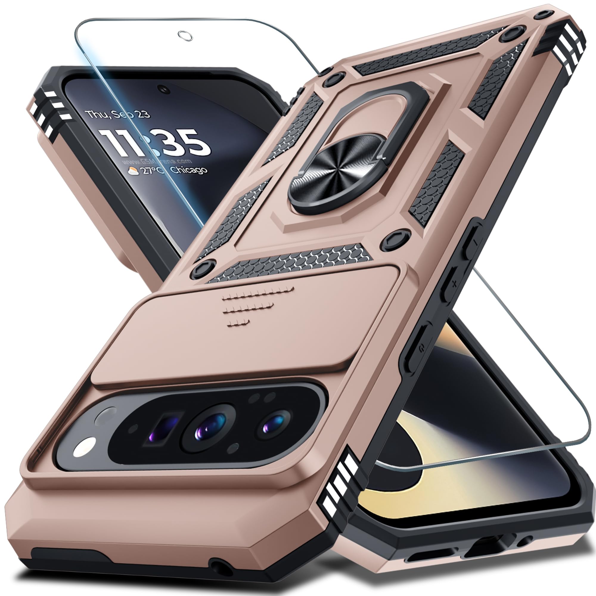 Photo 1 of ++2 PCS++Janmitta Case Compatible with Google Pixel 9 Pro XL Built in Slide Camera Lens Cover+Screen Protector+Finger Ring Holder Kickstand,Heavy Duty Shockproof Full Body Protective Phone Cover,Rose Gold
