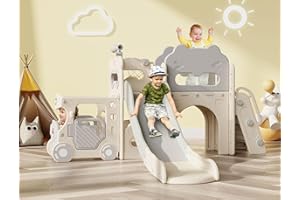 Babytronic Toddler Slide, 9 in 1 Kids Indoor Bus Slide for Toddlers 1-3, Baby Indoor Outdoor Slide with Basketball Hoop and Bus Play House, Bus Toddler Slide Playset Toddler Playground(White&Gray)