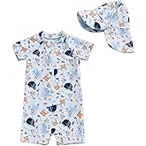 Ayalinggo Toddler Boys Rash Guard Swimsuit Sea World Animal Print Zipper Short Sleeve Bathing Suit with Swim Cap for Kids