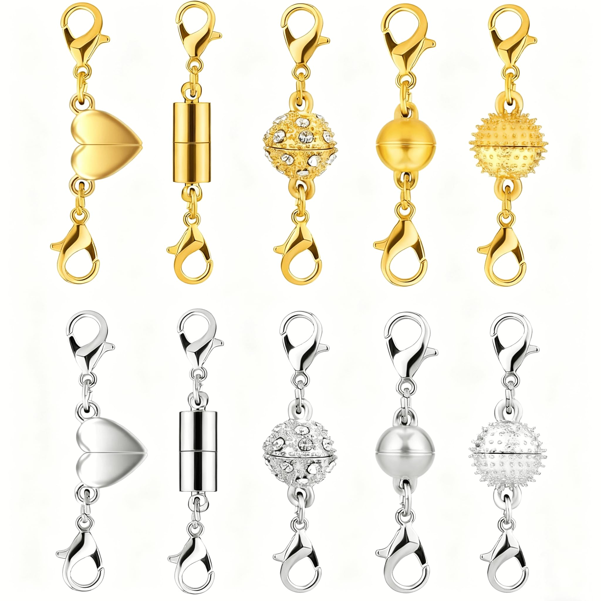 Yuiturt 10 Pcs Double Magnetic Necklace Clasps, Versatile Magnetic Fasteners with 5 Styles, Magnetic Clasps for Jewelry Necklaces, Bracelets, Anklets (Gold/Silver)