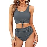 ZAFUL Women's High Waisted Swimsuit Scoop Neck Textured Floral Bikini Set 2 Piece Bathing Suit