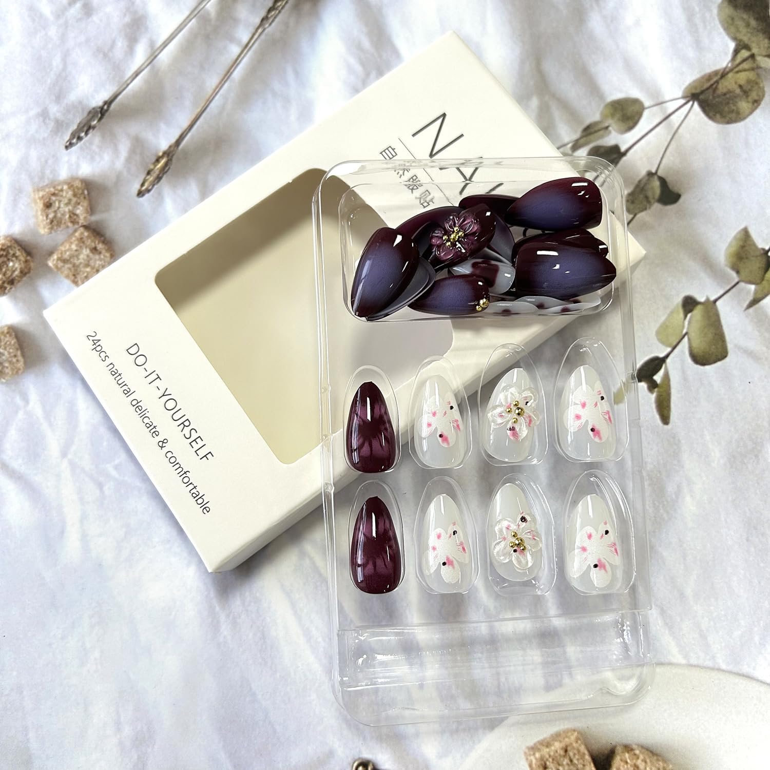 TBRZTR Almond Shaped Press on Nails Medium 3D Peach Blossom Rhinestones Design False Nails Full Cover Flower Coffin Nails Artificial Acrylic Nails Charm Glue on Nails for Women 30Pcs - Image 4