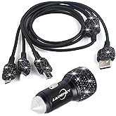 Bling Car Charger Accessories Set,Rhinestone Dual USB Car Chargers + Bling 3 in1 Nylon Braided Charging Cable,Bling Crystal Decoration Car Accessories Kits for Girl and Women (Black)