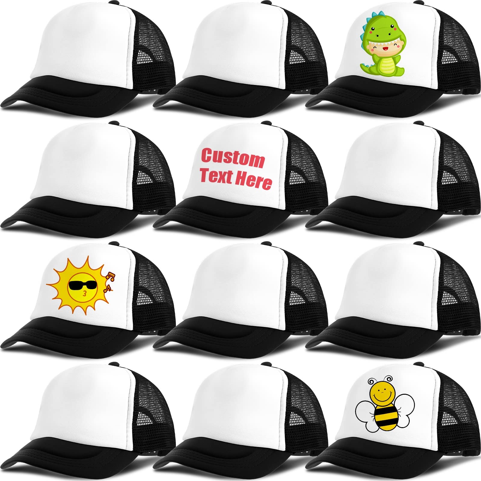 Photo 1 of 12 Pack Trucker Hat for Kids Summer Polyester Mesh Cap Adjustable Sublimation Blank Hats Baseball Caps for Outdoor (Black)