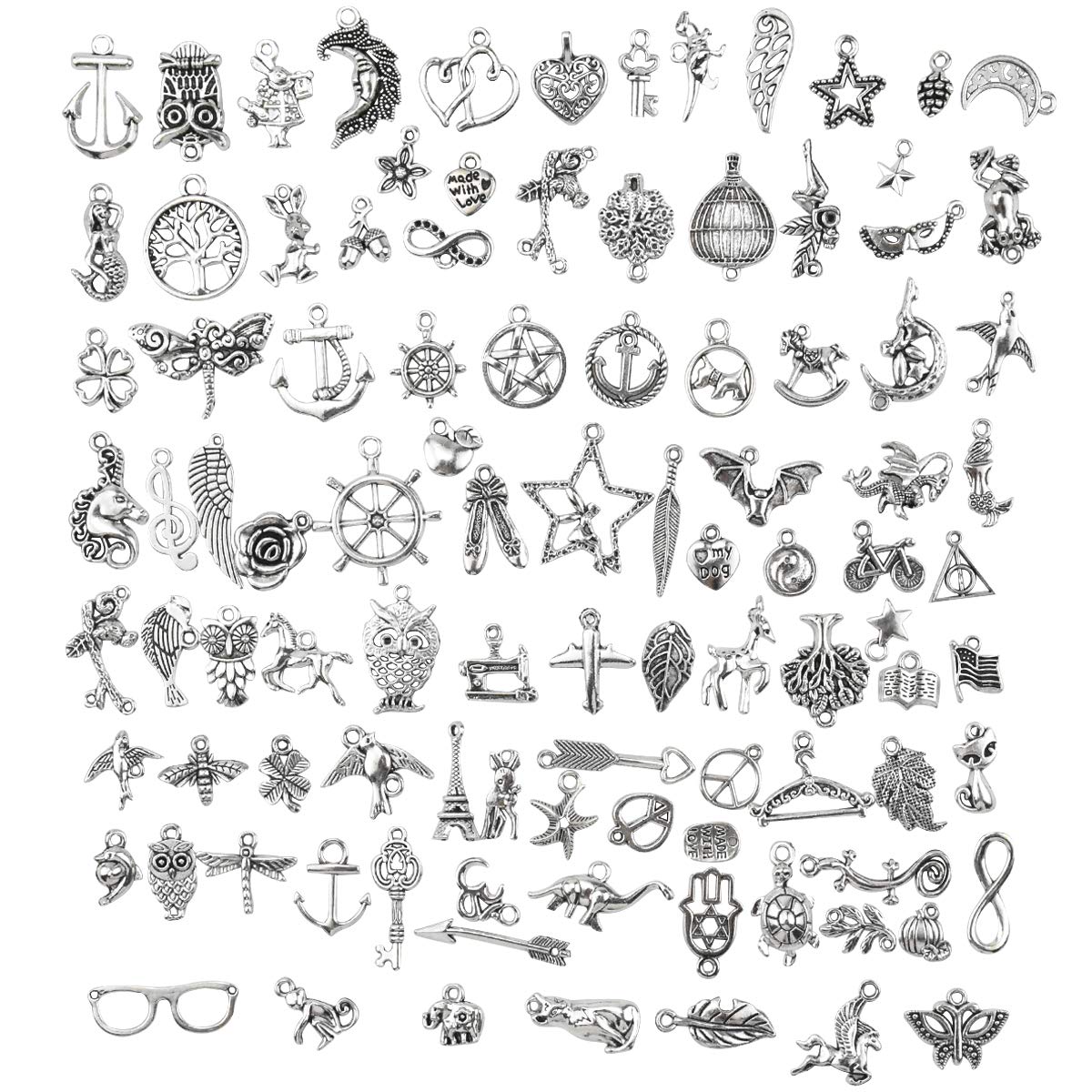 HQdeal Charms for Jewelry Making, 100pcs Mixed Antique Silver Charms Pendants, Silver-Plated Charms for Bracelets Necklace Keyring Earring charms DIY Handmade Accessories Crafts