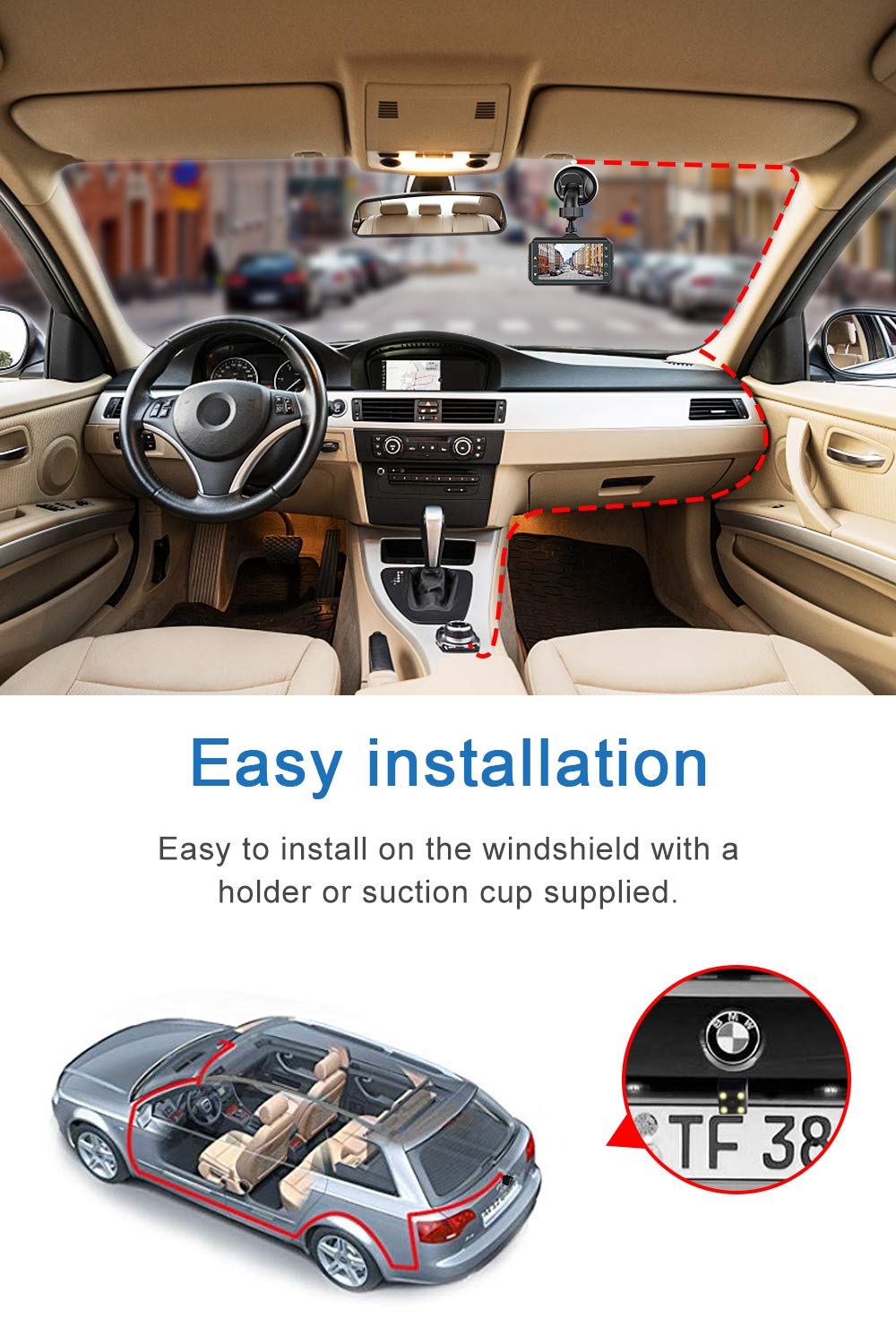 Mua Dash Cam Front and Rear CHORTAU Dual Dash Cam 3 inch Dashboard Camera Full HD 170° Wide