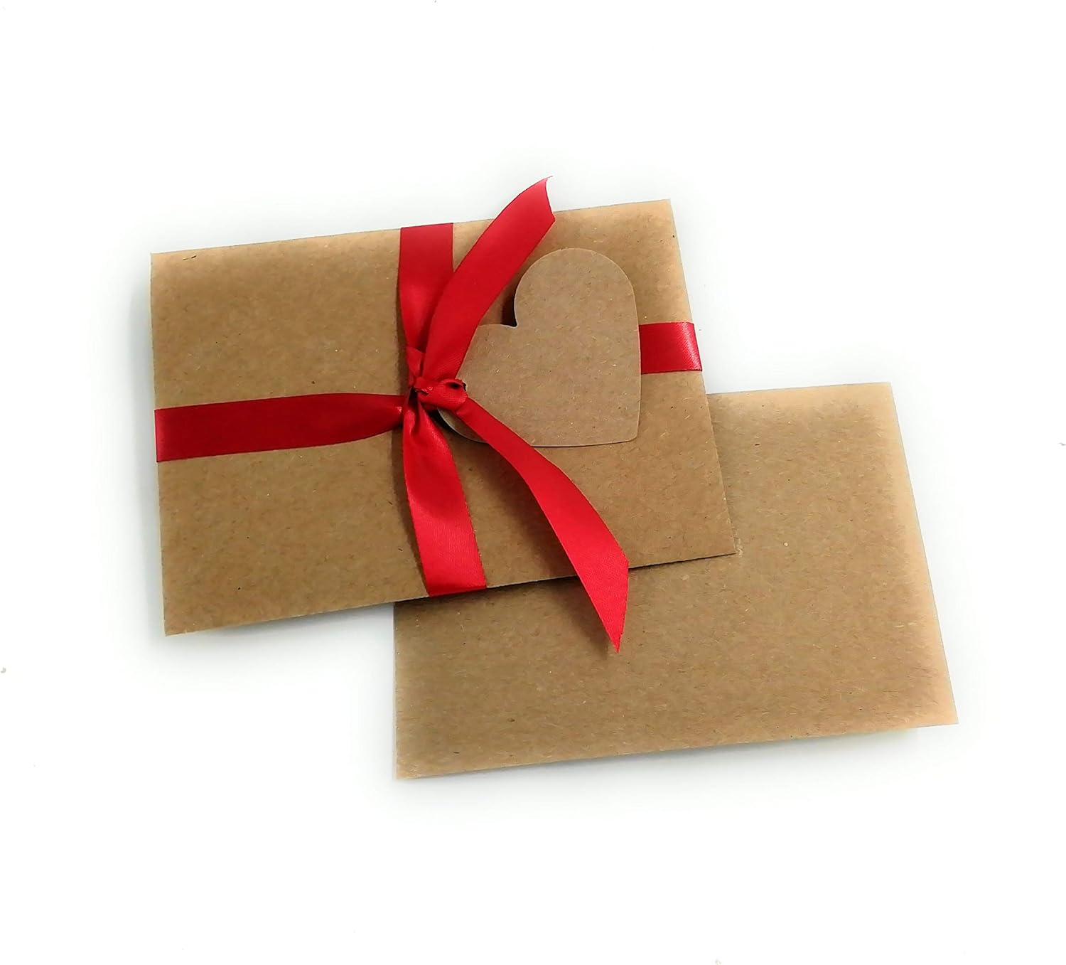 Kraft Envelopes 11 x 8 cm with Red Ribbon, Card and Label (Pack of 15