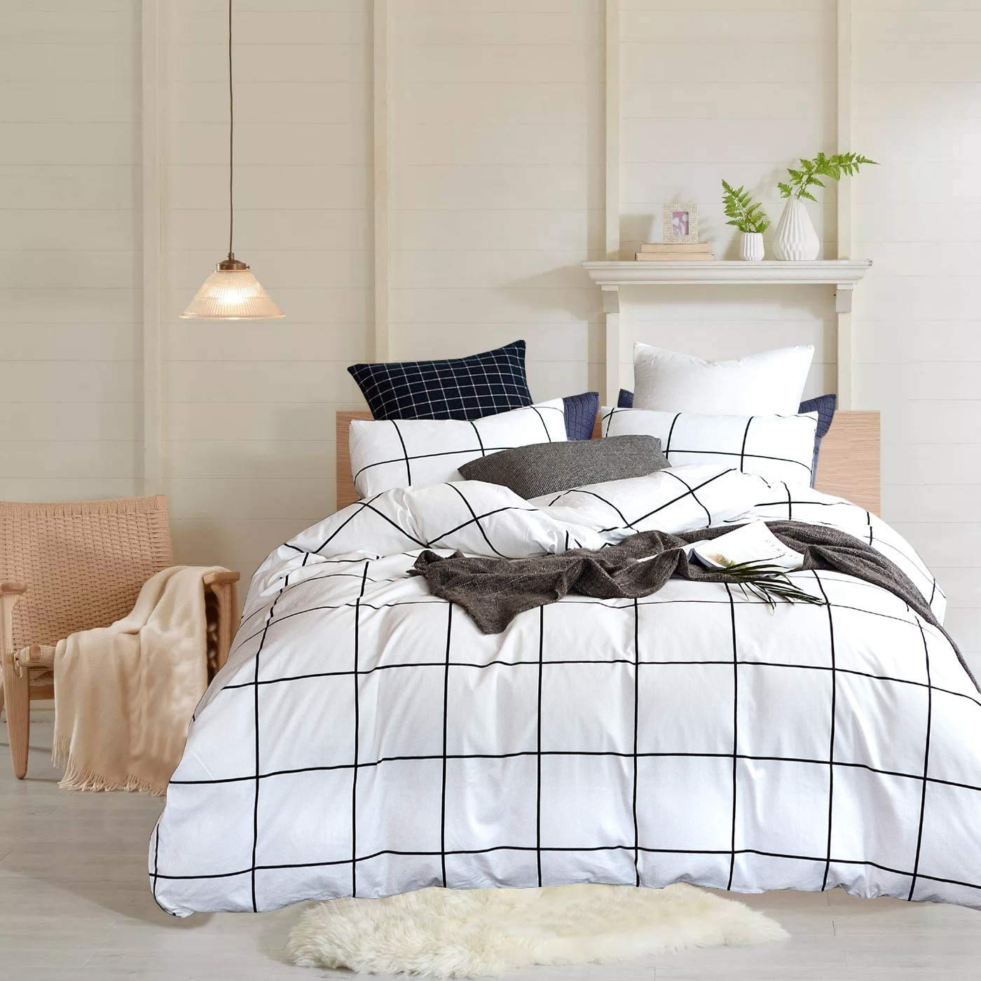 Sacebeleu Double Duvet Cover Set Black and White Checkered Grid Plaid Patterned Bedding Sets Microfiber Quilt Comforter Cover with Zipper Closure and 2 Pillowcases 50x75cm