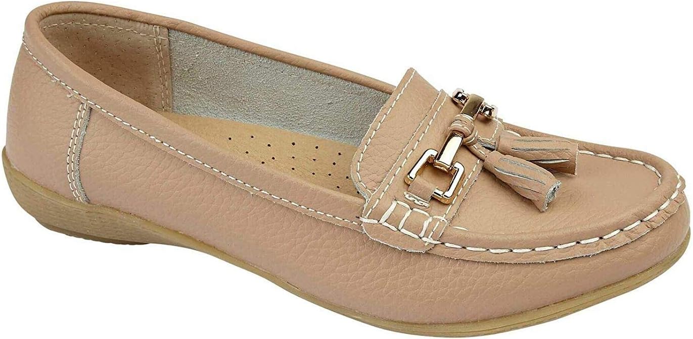 Jo & JoeNautical Ladies Leather Loafer Shoes, Tassel Flat, Women's Size 7.5-8, Flexible Rubber Grip Sole, Round Toe, Pull-On, 1 inches Heel, Cold Lining, Solid, Low Top, Comfort Wear, Party
