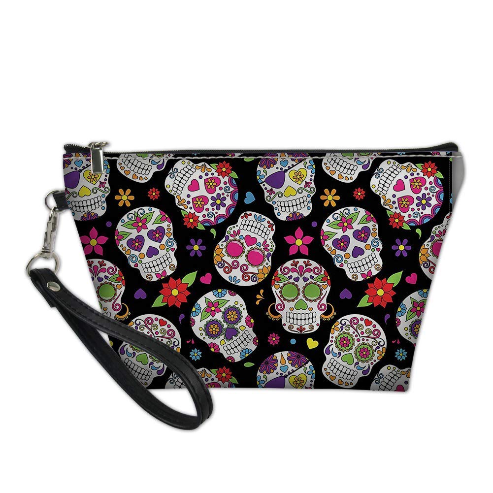 PZZ BEACH Sugar Floral Skull Cosmetic Bag Travel Makeup Pouch Travel Storage Case Small Coin Purse for Women Girls