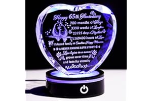 YWHL 65th Wedding Anniversary Crystal Heart Gifts for Parents Couples with LED Base Laser Engraved Happy 65 Years Anniversary