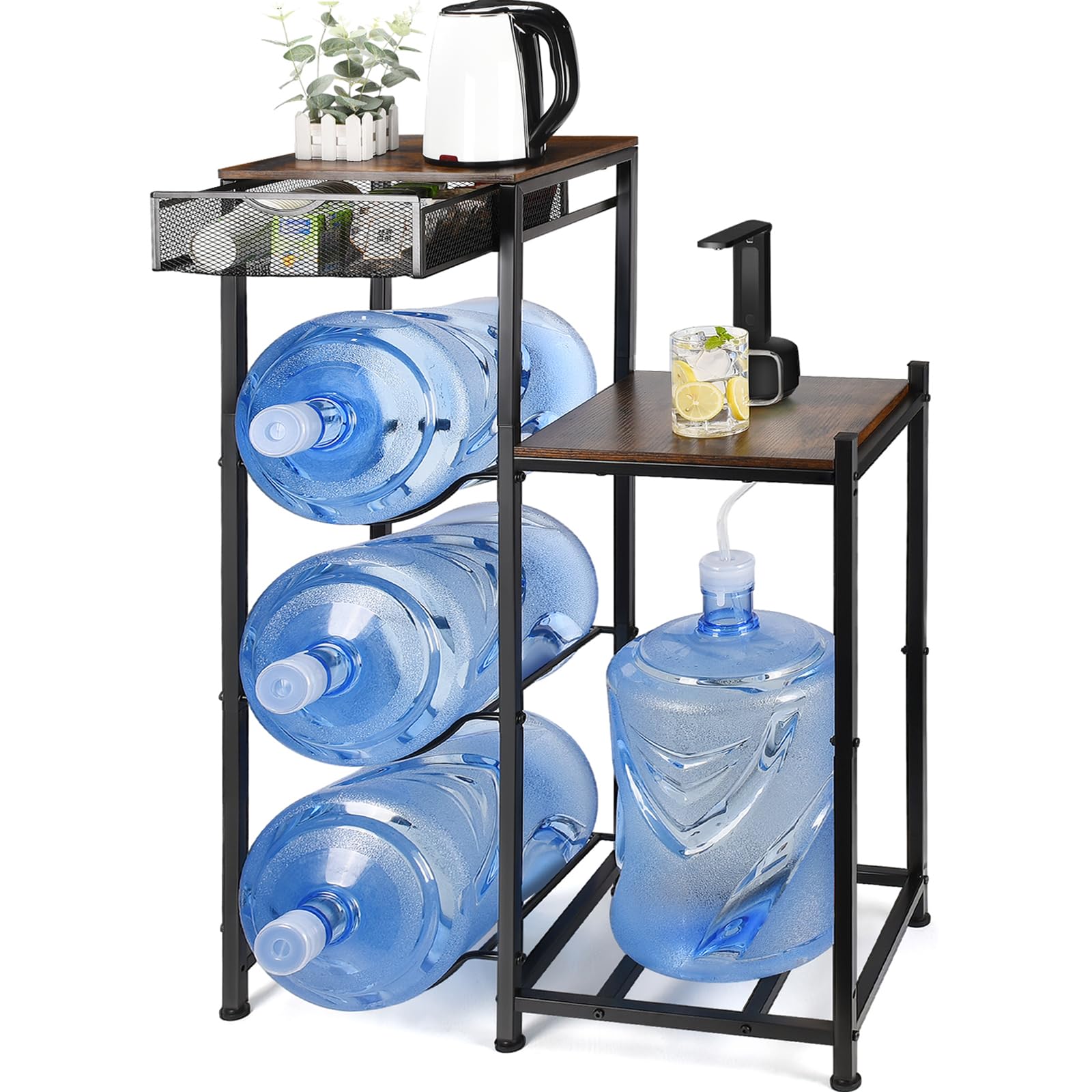 Photo 1 of CAROD 5 Gallon Water Jug Holder with Drawers, Heavy Duty Water Jug Stand with Water Dispenser Stand, 5 Gal Water Bottle Holder Water Cooler Jug Rack with 2 Wood Storage Shelves