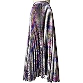 Kalamet Women's Metallic Pleated Midi Skirt – High Elastic Waist, Shiny Finish, A-Line Swing Long Skirt