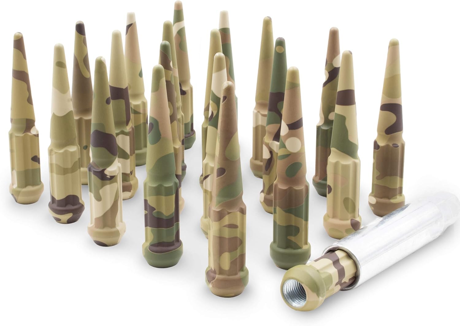 Wheel Accessories Parts Limited Edition Spiked Solid Metal Lug Nuts M14x1.50 Thread 4.4" Tall Closed End Bulge Acorn Spike Lug Nut 1 Long Socket Key Made in The USA (24, Camouflage)