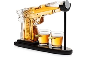 The Wine Savant Gifts for Men Dad, Father Whiskey Decanter Set - 9 Oz with Two 2 Oz Glasses, Pistol Gun Cool Anniversary Birthday, Home Bar Gifts, Drinking Military Present Dispenser