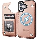 ONETOP Compatible with Magsafe for iPhone 17 Wallet Case with Card Holder, PU Leather Kickstand RFID Blocking Case, Double Magnetic Clasp and Durable Shockproof Cover 6.3 Inch (Rose Gold)