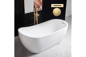 WOODBRIDGE 67" Acrylic Freestanding Bathtub Contemporary Soaking White Tub with Brushed Gold Overflow and Drain，B0001 -BG-Drain &O