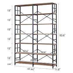 HOMISSUE Bookshelf, Industrial Double Wide 7-Tier