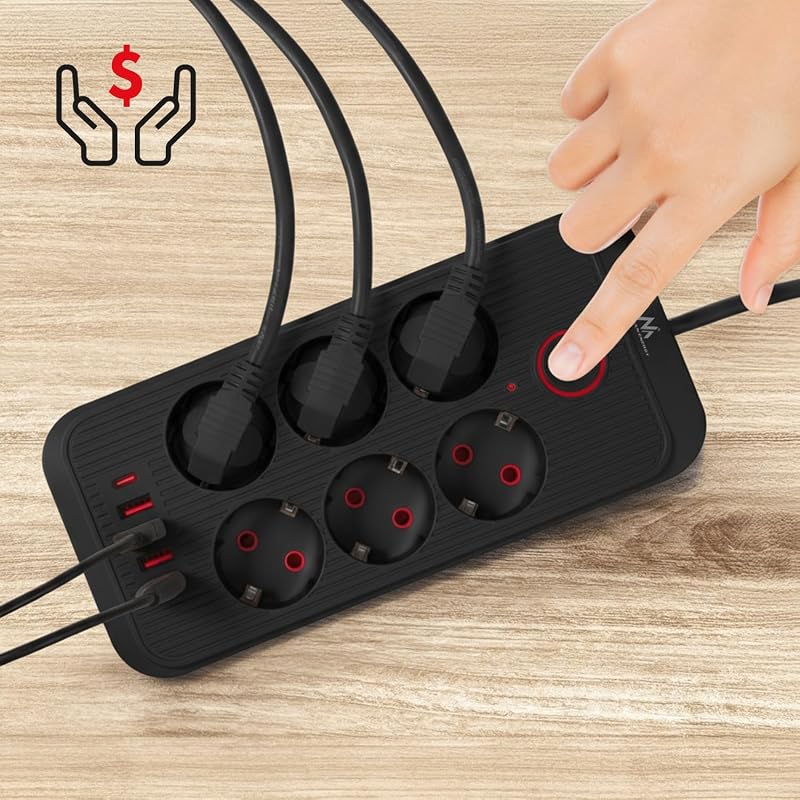 Régua de Energia MCE389/391 | 6 x 4xConectores USB 1xUSB-C 2500W | Cabo de Extensão de Secretária com Interruptor | Portas de 45° | Montagem de Parede (Preto, 1,5 m)