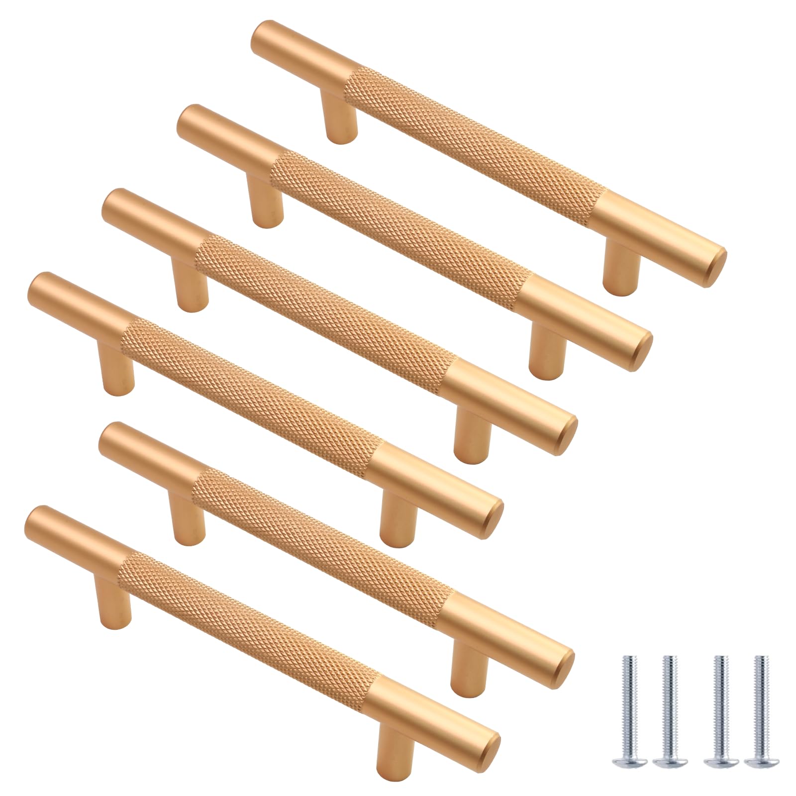 Cjueiom 6 Pack Gold T Bar Cupboard Handles, 96mm Hole Center, Wardrobe & Drawer Handles with Diamond Pattern, Kitchen Cabinet Pulls — image 1