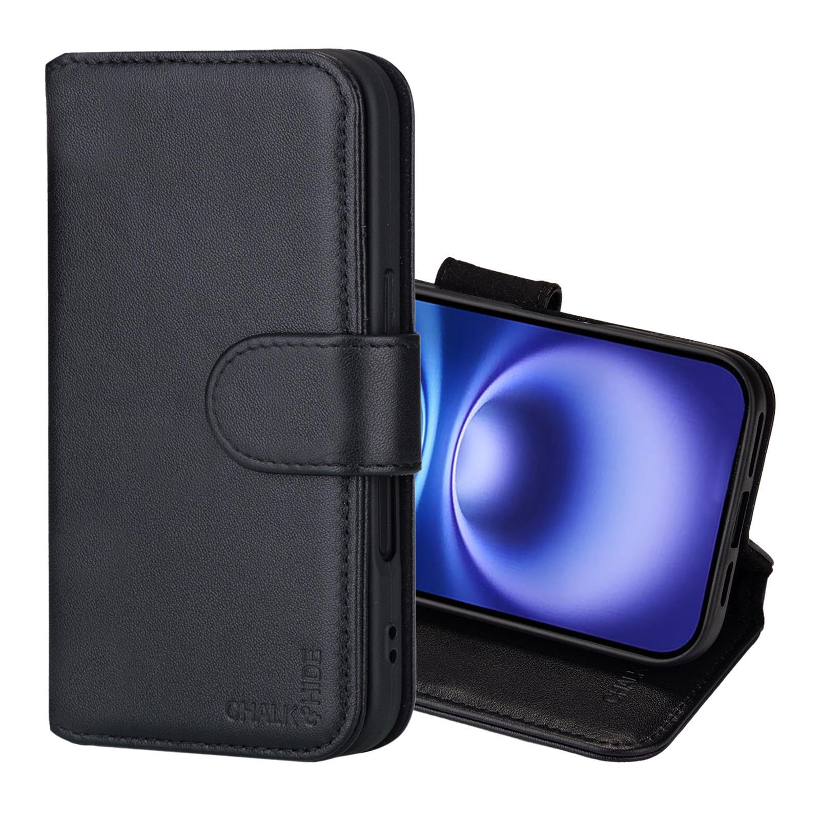 CHALK & HIDE Genuine Leather Wallet Case for iPhone 16 (6.1") | RFID Blocking Card Slots, Magnetic Flip Cover, Kickstand | Premium Book-Style Protective Case - Black