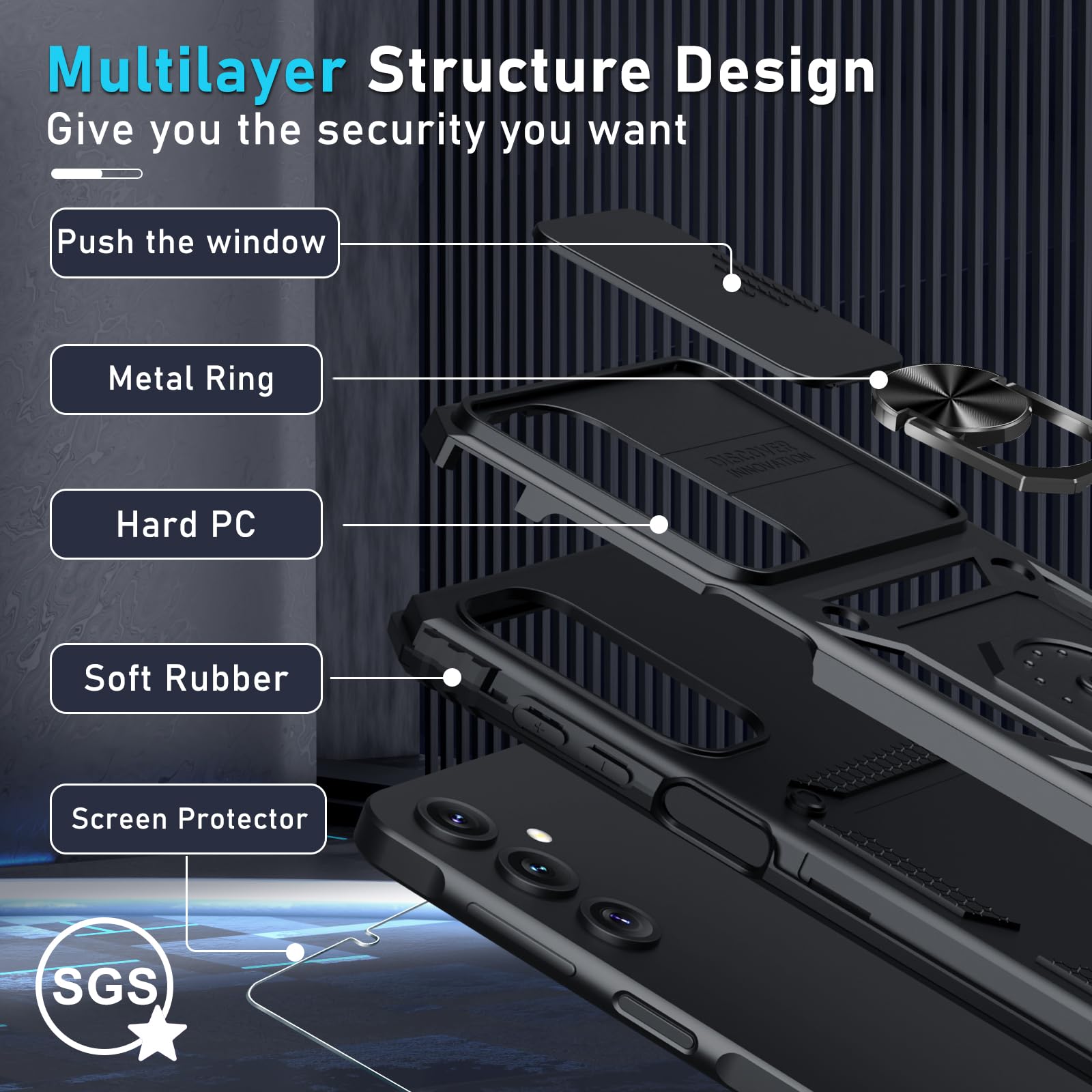 Janmitta Compatible with Samsung Galaxy A16 5G/4G Case Built in Slide Camera Lens Cover+Screen Protector+Finger Ring Holder Kickstand,Heavy Duty Shockproof Full Body Phone Cover,2025 Black